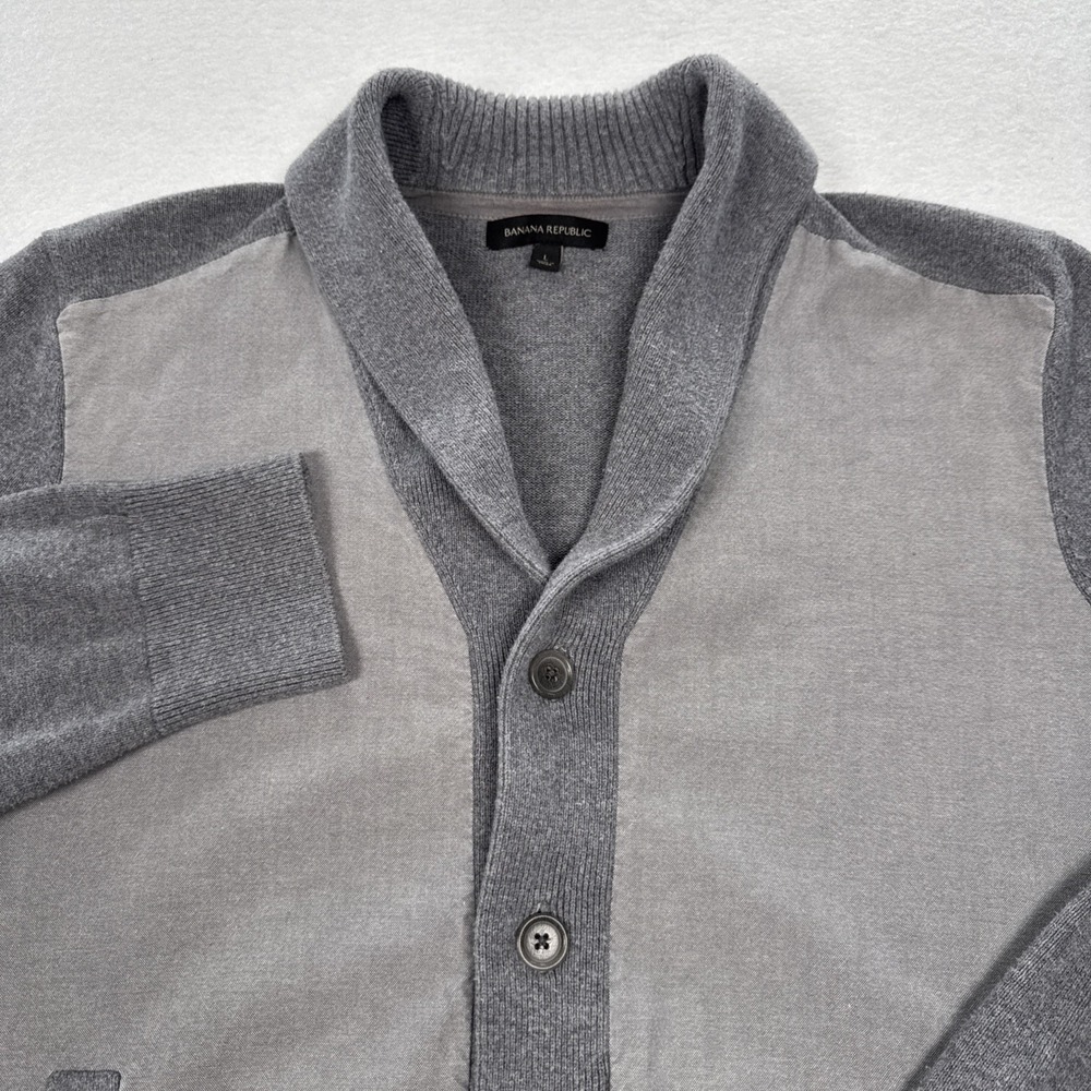 Banana Republic Cardigan Sweater Mens L Gray Shawl Collar Pockets 100% Cotton